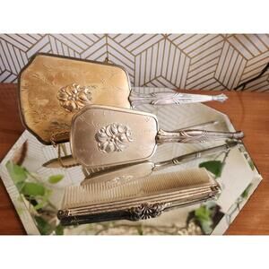 Vintage Vanity Gold Hand Held Mirror, Nylon Hair Brush, and Comb Set